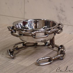 超小型犬～猫用　シングル　食器台　鎖(チェーン）ステンレス　溶接焼け色　食器付き　フードテーブル　アンティーク 1枚目の画像
