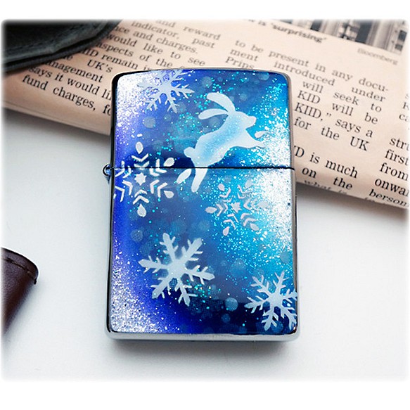 名入れ無料 ZIPPO 雪の結晶とうさぎ ライター 箱付き 銀箔 www