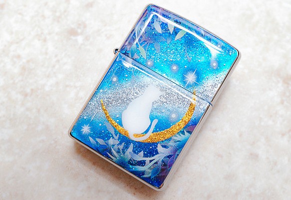 名入れ無料 ZIPPO　猫と月～星に願いを～　ジッポ　ライター　箱付き