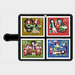 切手モチーフ4コマ（白雪姫と七人のこびと）　通常サイズスマホ　全機種対応　手帳型　スマホケース 1枚目の画像