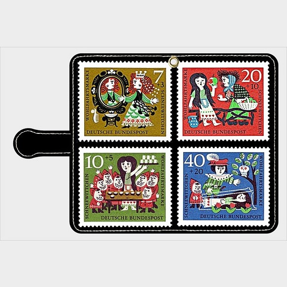 切手モチーフ4コマ（白雪姫と七人のこびと）　通常サイズスマホ　全機種対応　手帳型　スマホケース 1枚目の画像