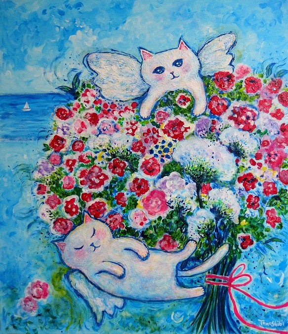 絵画 。壁掛け絵原画【美しい花束を整えた少女は2匹のシャム猫と遊んで 