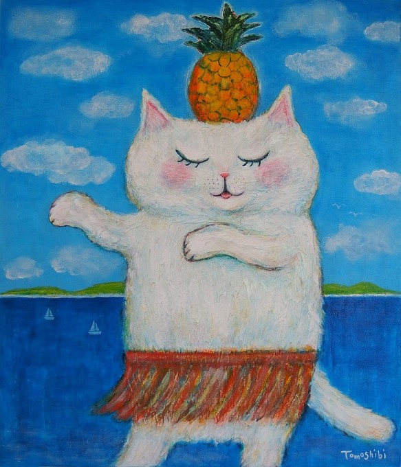 原画 「海辺のパイナップル フラキャット」 F10号 ＃絵画 ＃ねこ ＃猫 ...