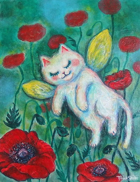 原画 「a fairy kitten and red flowers」 F6号 1枚目の画像