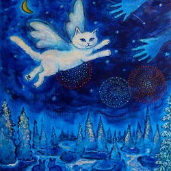 原画 「聖夜に天使猫は」 F10号 ＃絵画 ＃ねこ ＃猫の絵 ＃天使猫の絵 ＃星空 ＃花火の絵 ＃流れ星 1枚目の画像