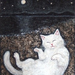 原画 「月夜の砂浴び」 F8号 ＃絵画 ＃アート ＃ねこ ＃白猫の絵