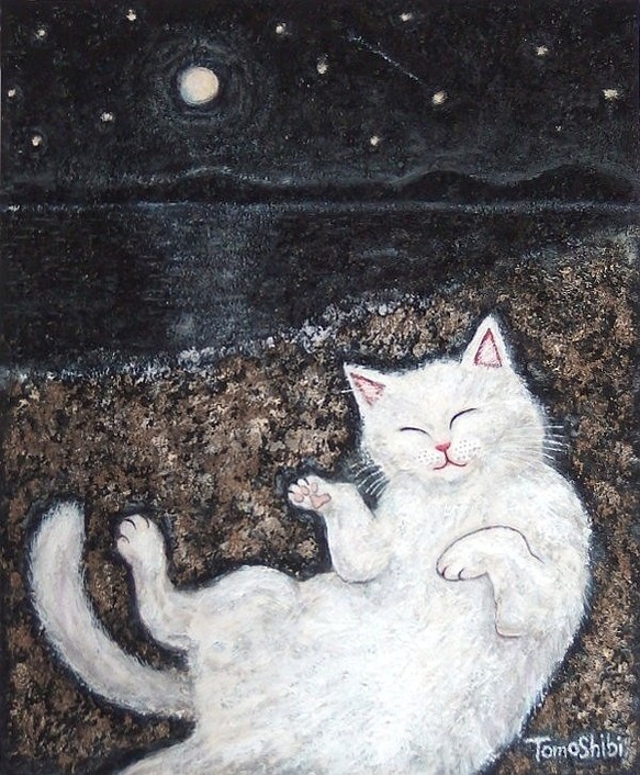 原画 「月夜の砂浴び」 F8号 ＃絵画 ＃アート ＃ねこ ＃白猫の絵 ＃星空 ＃流れ星の絵 ＃月夜 ＃夜の海 ＃砂浴び猫