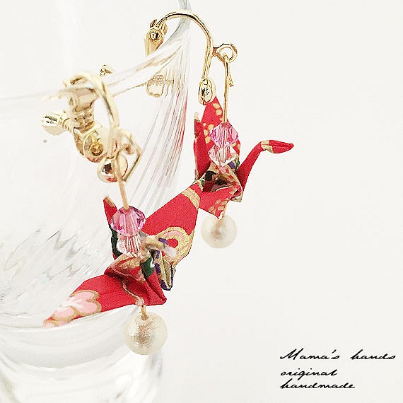 16KGP紅花折疊鶴棉珍珠燕子耳環節 第1張的照片