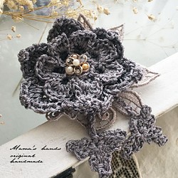 (完売) 手編み ラベンダー 紫 花 スカーフ留め コサージュ ブローチ♪ 1枚目の画像
