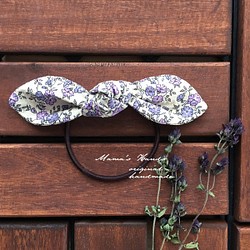 ラベンダー 紫 小花 あじさい色 リボン ヘアゴム♪ 1枚目の画像