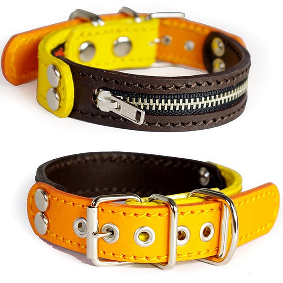 2cm幅小型犬用ジッパー革首輪（黄色＋茶色＋オレンジ）smallG5FBZipper 1枚目の画像