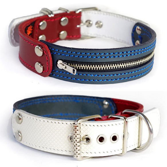 ３cm幅中型犬用ジッパー革首輪（赤＋紺＋型押し白）3cmTypeFBZipper 1枚目の画像