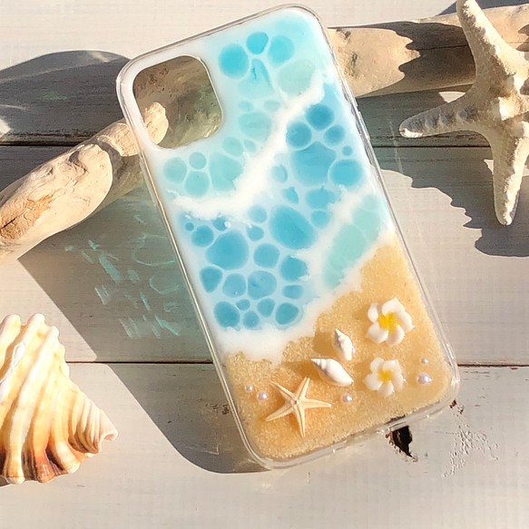 iPhone11 ハイブリッドケース 海 スターフィッシュ&プルメリア　ターコイズブルー現品限り 1枚目の画像