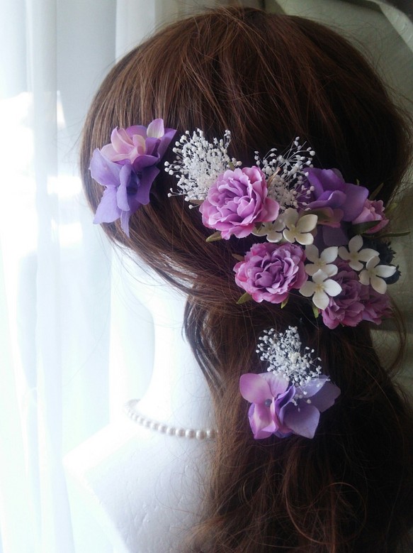 ミニローズ＆紫陽花のヘッドドレス かすみ草付き ウエディング 成人式にも♪ 1枚目の画像