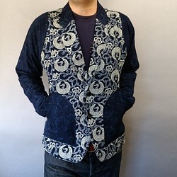 吉兆藍木綿テーラードジャケット（唐草鶴紋様）袖・衿裏使い 1枚目の画像