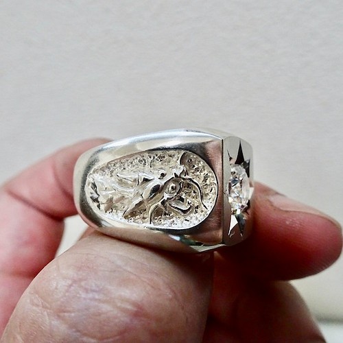 仁尾彫金『一つ星ジルコニア双龍印台リング』ハンドメイド179 指輪