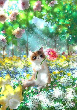 A4 イラスト ポスター　猫のいる風景「ありがとうの花言葉」 1枚目の画像