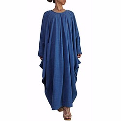 手織棉垂墜寬版洋裝 靛藍（DFS-046-03） 第1張的照片