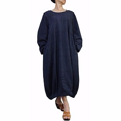 手織棉寬版洋裝 深藍（DNN-078-05） 第1張的照片