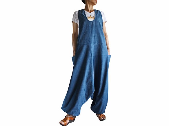 手織棉阿拉丁連身褲 靛藍（DFS-036-03） 第1張的照片