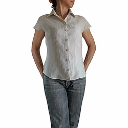 亞麻布短袖夏季上衣 自然色（BFS-113-02L） 第1張的照片