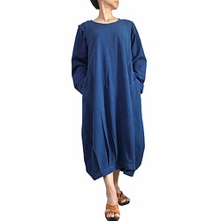 ジョムトン手織り綿のゆったり袋ドレス インディゴ（DNN-078-03） 1枚目の画像