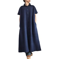 ジョムトン手織り綿半袖ドレスコート インディゴ紺（JFS-156-03） 1枚目の画像