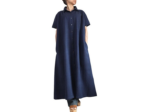 ジョムトン手織り綿半袖ドレスコート インディゴ紺（JFS-156-03） 1枚目の画像