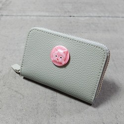 ネコ ミニ ラウンドファスナー 財布 色：ドイツシュリンク（グレー）×猫 ピンク（目がブラック） 1枚目の画像