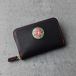 バラ（薔薇）ローズ ボタン ミニ ラウンドファスナー 財布 総ヌメ革仕立て 1枚目の画像