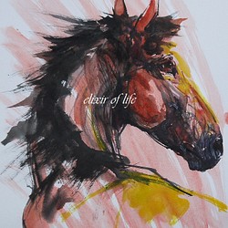 遠くを見つめる赤い馬（墨絵、水彩画用紙２１ｃｍ×３０ｃｍ） 絵画