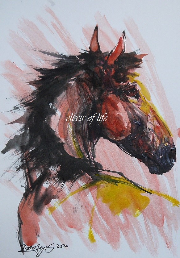 遠くを見つめる赤い馬（墨絵、水彩画用紙２１ｃｍ×３０ｃｍ） 1枚目の画像