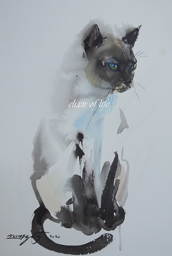 若いシャム猫（墨絵、水彩、高級水彩画用紙、１６ｃｍ×２２，５ｃｍ