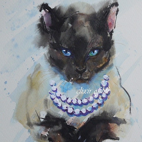 真珠のネックレスの猫、２（墨絵、高級水彩画用紙、１６ｃｍ×２２