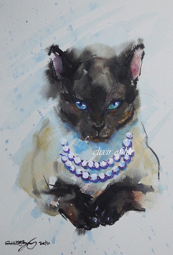 真珠のネックレスの猫、２（墨絵、高級水彩画用紙、１６ｃｍ×２２，５ｃｍ） 1枚目の画像