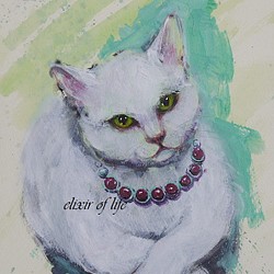 ネックレスをつけた白い猫（墨、アクリル、高級水彩画用紙、１６ｃｍ×２２，５ｃｍ） 1枚目の画像