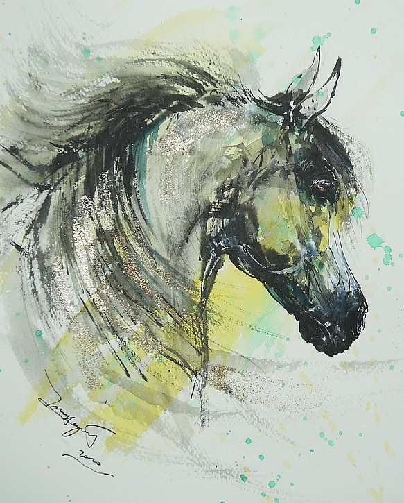 葦毛のアラビアンの馬（高級水彩画用紙F3，２２ｃｍ×２７ｃｍ、墨、水彩） 1枚目の画像