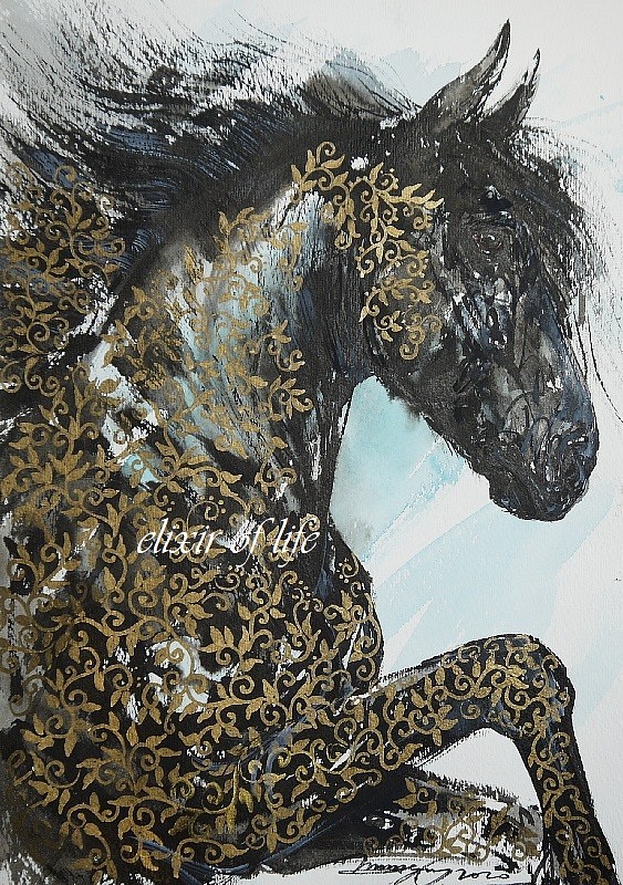 A black Frisian Horse（墨、水彩、高級水彩画用紙、２４ｃｍ×３３，５ｃｍ） 1枚目の画像