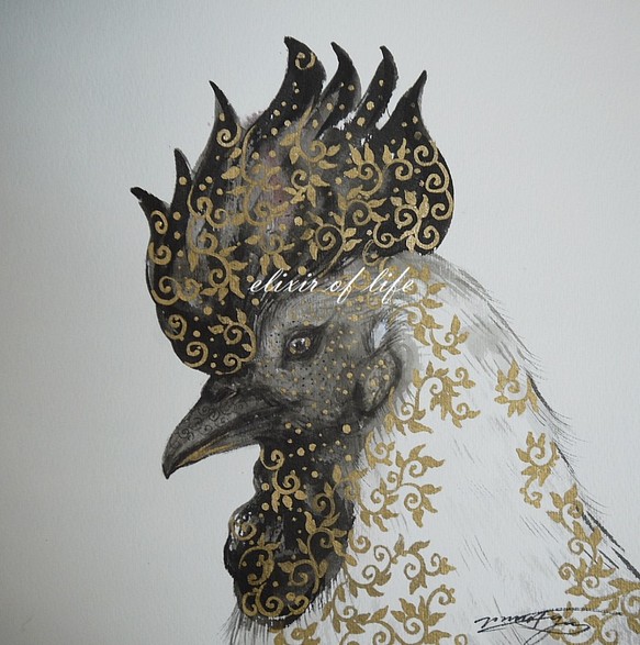 雄鶏のポートレート（24cm×２４ｃｍ、高級水彩画用紙、墨、水彩） www