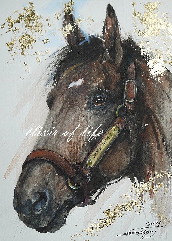 伝説の馬(F4,24cm×３３，５ｃｍ高級水彩画用紙、墨、水彩) 1枚目の画像