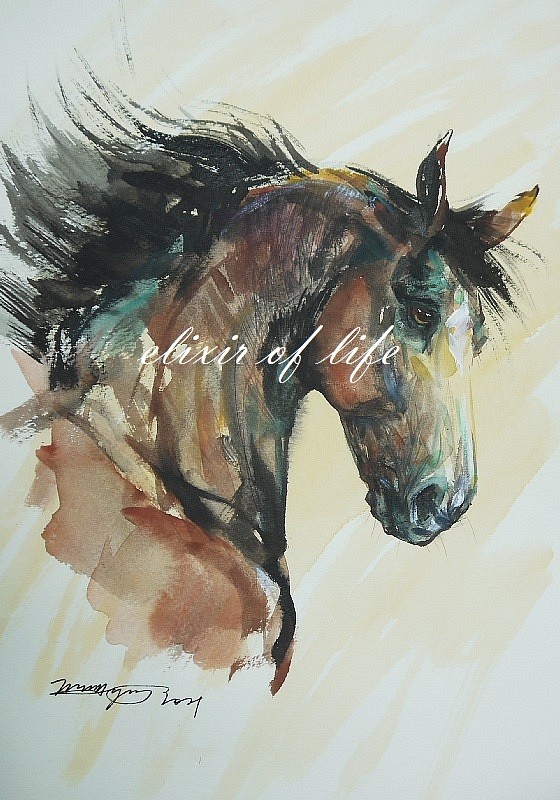 馬のポートレート２０２１、１（A4サイズ、墨絵、高級水彩画用紙、墨、水彩） 1枚目の画像