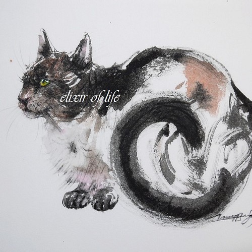 三毛猫(厚い和紙、24cm×32cm、墨絵、墨) 絵画 ELIXIR OF LIFE 通販