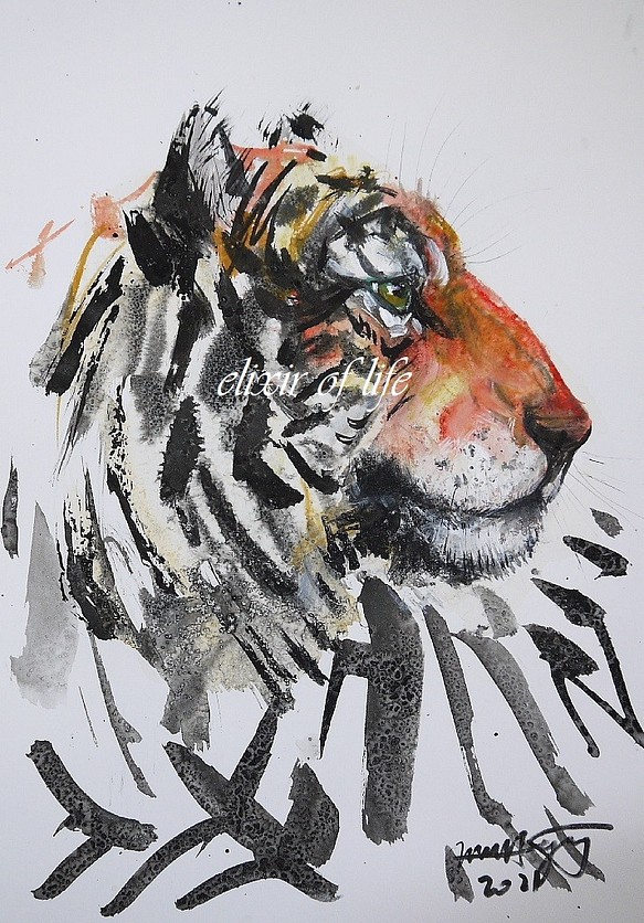 虎の横顔２０２１（墨絵、アクリル、サイズA4、墨、水彩） - 絵画