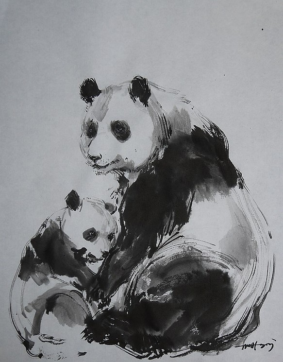 パンダの親子（墨、水墨画用紙３２ｃｍ×４１ｃｍ） 1枚目の画像