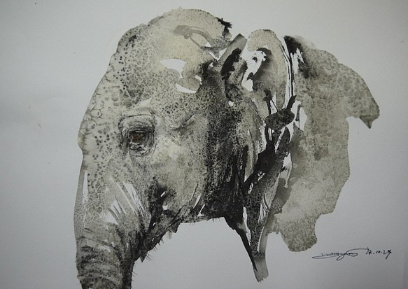 若い象（水彩画用紙２４，５ｃｍ×３５ｃｍ、墨） 1枚目の画像