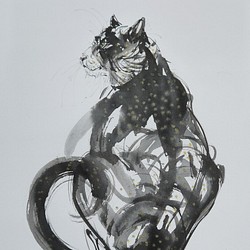 まるで豹。まだら色の猫（墨絵、水彩画用紙２４ｃｍ×３４，５ｃｍ