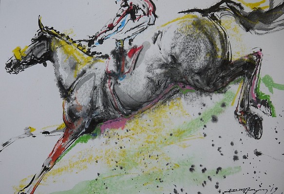 競馬、障害飛越レース（墨絵、２７ｃｍ×３８ｃｍ）