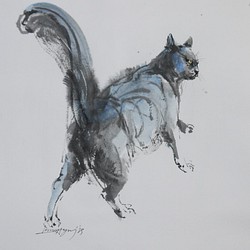 グレー色の猫（墨、水彩、水彩画用紙３３，４ｃｍ×２４ｃｍ） 絵画