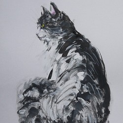 猫の白黒のポートレート（墨絵、水彩、その他、水彩画用紙２１cm×２９，５ｃｍ） 1枚目の画像