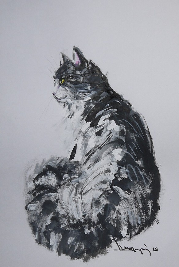 猫の白黒のポートレート（墨絵、水彩、その他、水彩画用紙２１cm×２９，５ｃｍ） 1枚目の画像